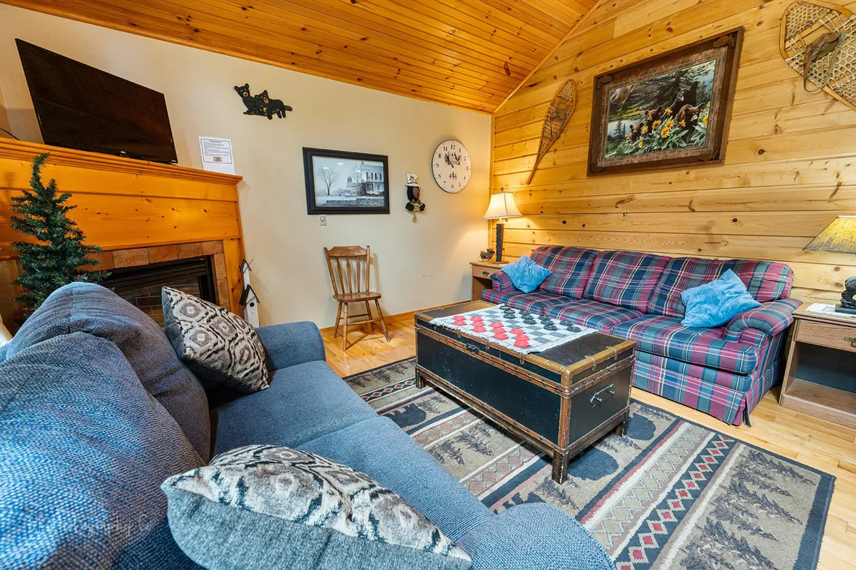 A welcoming living room with a fireplace, plaid sofa, wooden coffee table, and decorative wall art. The cozy setup creates a relaxing environment, and the sofa hints at the additional sleeping space described in the section.
